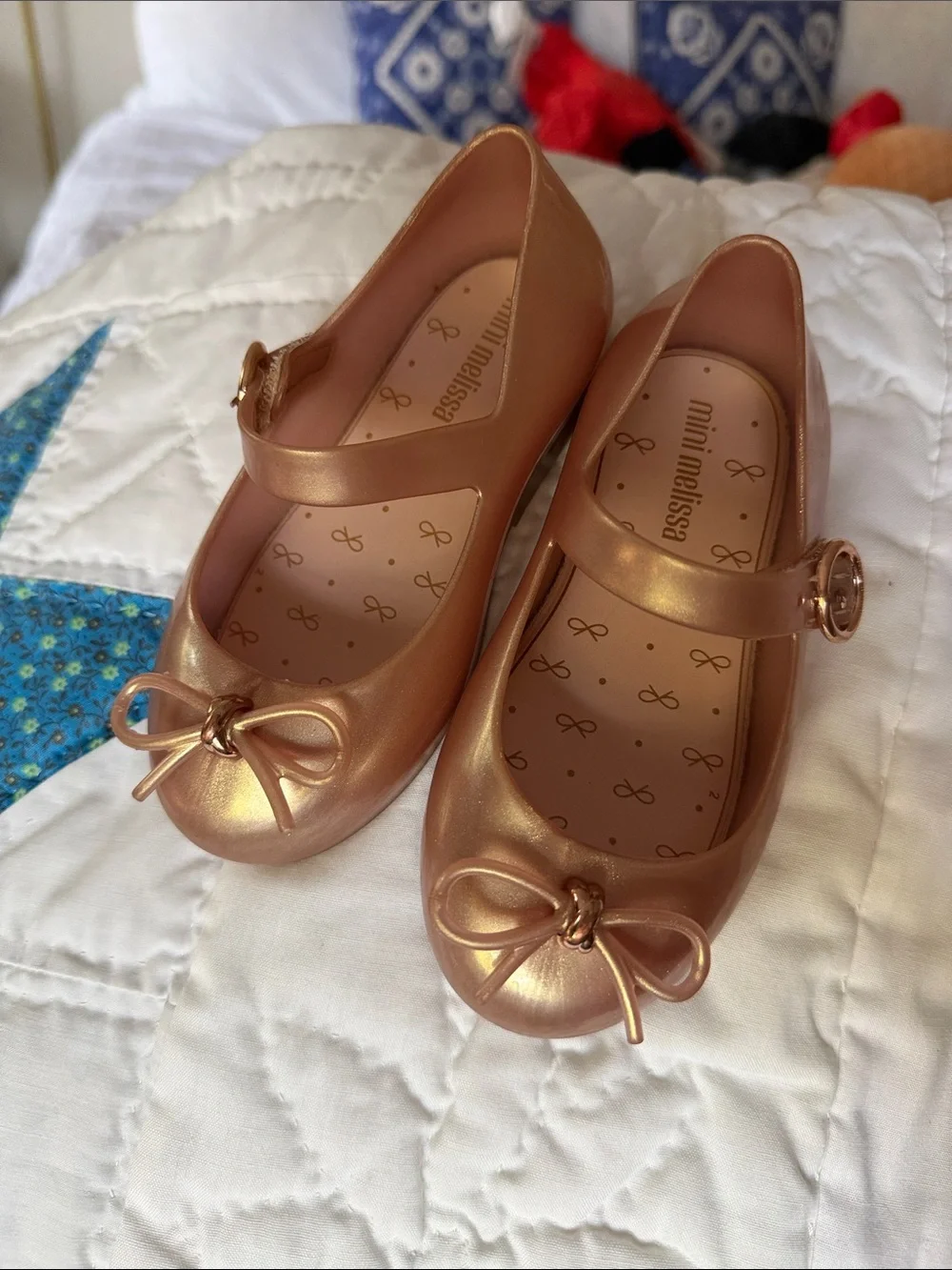 Mini Melissa Girls Metallic Rose Gold Mary Jane Bow Flats size 8